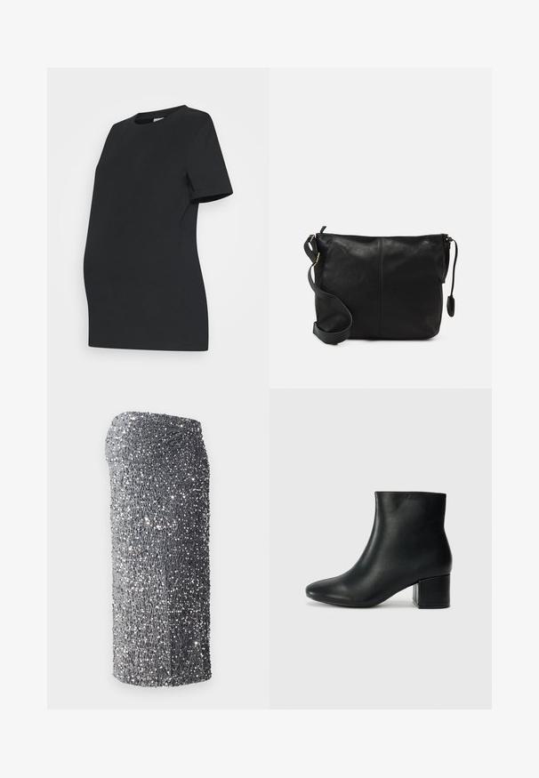 Musta äitiystunika pehmeästä puuvillasta. Lyhyet hihat, pyöreä kaula-aukko ja vartalonmyötäinen muotoilu, joka mukautuu kasvavaan vatsaan.; Hopeapintainen paljetti-mekko, jolla on tiukka muoto, sileä pinta ja tummasta vaaleaan harmaaseen menevä väriharjoitus. Mekon helma on lyhyt.; Musta nahkasaappaat nilkkapituudella, jossa on terävä kärki ja paksu korko. Silkkinen pinta, jossa on minimaaliset yksityiskohdat ja tyylikäs, istuva muotoilu.; Musta nahkainen olkalaukku, jossa on litteä muoto, kultaiset yksityiskohdat ja säädettävä hihna. Sujuva pinta, jossa on vain vähän ompelutietoja.