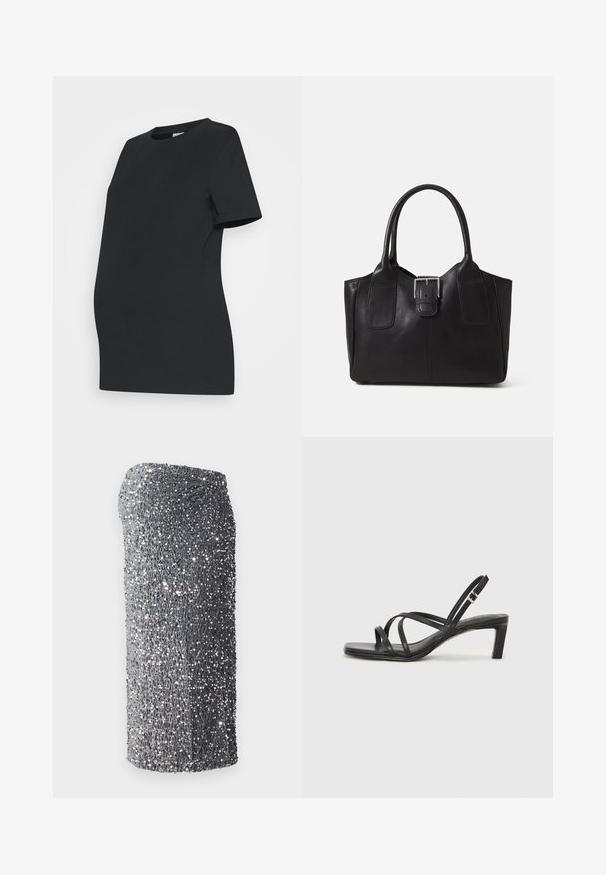Sort graviditets t-shirt lavet af blødt bomuld. Korte ærmer, rund hals og en tætsiddende design, der tilpasser sig en voksende mave.; Sølvfarvet palietkjole med figurformet snit, glat tekstur og en gradientmønster fra mørkegrå til lysegrå, kort i kanten.; Sort remsandale med firkantet tå og en lav blokeret hæl. Har flere tynde stropper og en justerbar ankelrem. Fremstillet af glat læder.; Sort læder tote taske med glat tekstur, struktureret form, to håndtag og en fremtrædende sølvspænde detalje på forsiden.