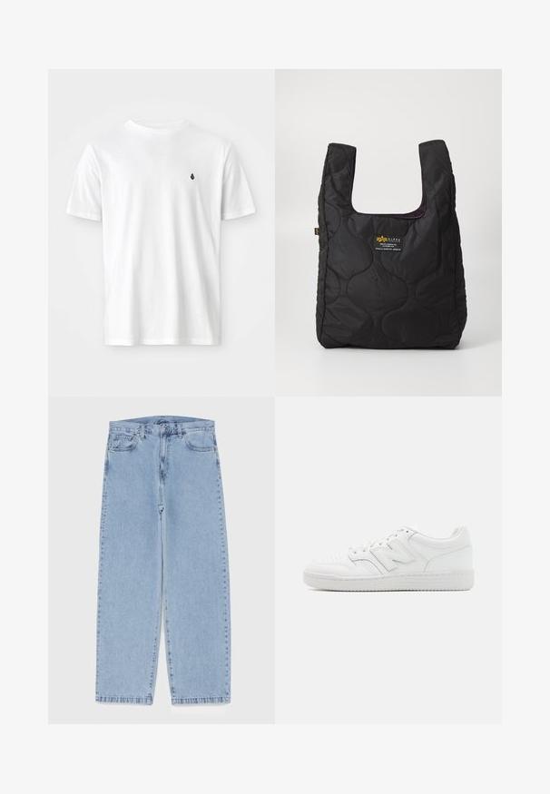 T-shirt en coton blanc avec un col rond classique, des manches courtes et un petit logo noir sur la poitrine gauche. Texture lisse, coupe décontractée.; Jean en denim bleu clair avec une coupe droite, présentant une taille mi-haute, cinq poches, et une fermeture à bouton et à fermeture éclair.; Sneaker blanche en cuir lisse, avec un bout perforé, une semelle en caoutchouc texturée, des lacets plats et un logo 'N' bien visible sur le côté.; Sac fourre-tout noir matelassé avec une grande ouverture, des formes courbées sur la surface et une étiquette avec du texte jaune et blanc sur le devant.