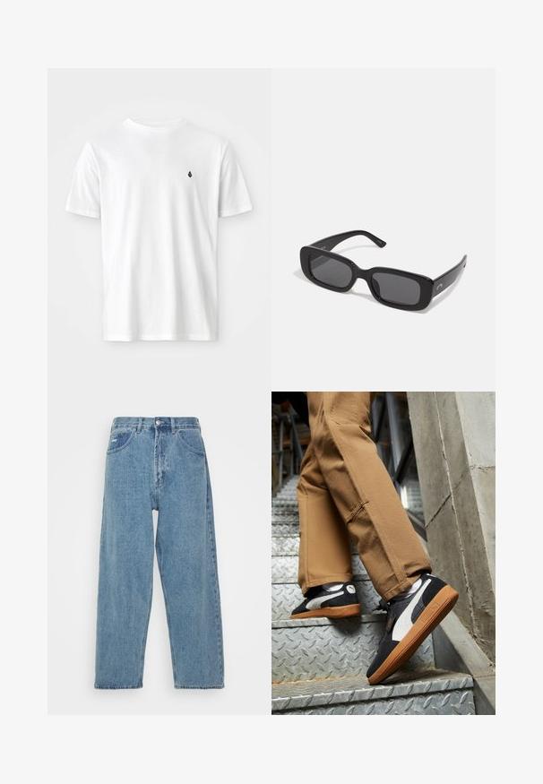 Bílý bavlněný tričko s klasickým kulatým výstřihem, krátkými rukávy a malým černým logem na levé části hrudi. Hladká textura, volný střih.; Svetle modré džíny s vysokým pasem a uvolněným střihem, vybavené dvěma předními kapsami, jednou zadní kapsou a zapínáním na knoflík.; Černé a šedé semišové tenisky s bílými detaily a gumovými podrážkami, obuté na béžových kalhotách při stoupání po kovových schodech.; Černé obdélníkové sluneční brýle s tmavými čočkami, hladkými plastovými rámy a širokými stranami. Jemné logo na boku.