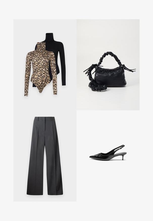 Divi garajām piedurknēm: viens melns, mīksts audums, otrs bežīgs ar brūnu leoparda rakstu. Abiem ir augsts apkakle.; Platās kājas bikses tumši pelēkā audumā, ar augstu jostasvietu, ar vienu uzpūstu vīli un gludu tekstūru ar tīru apdari ap malām.; Melni ādas sandales ar norādītu pirkstu, mazu kaķa papēdi un dekoratīvu mezglu detaļu priekšā. Gluda tekstūra visā virsmā.; Melnā mākslīgās ādas rokassoma ar krokodila rakstu, savilkta augšdaļa un saburzīta siksna. Izskatās mīksta un kompakta pēc dizaina.