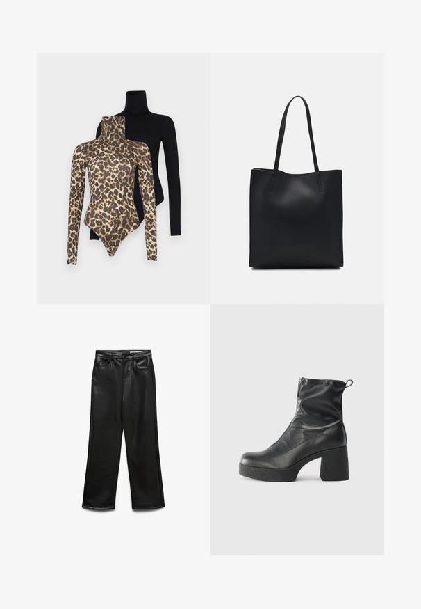 Dois bodysuits de manga longa: um em tecido preto e suave, o outro em padrão de leopardo em tons de bege e castanho. Ambos com gola alta.; Calças largas de imitação de couro preto com bolsos frontais, passantes para cinto e brilho subtil. Textura suave e ajuste personalizado.; Botas de tornozelo pretas feitas de couro liso, com fecho lateral, salto grosso texturizado e design de bico arredondado.; Bolsa tote preta em couro com textura lisa, forma retangular e duas alças longas. Sem hardware ou enfeites visíveis.