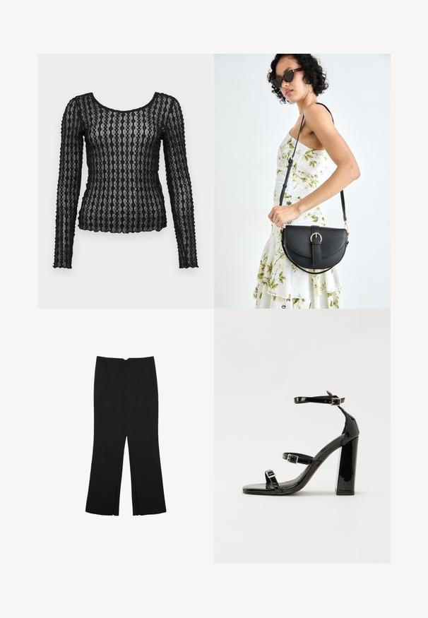Sort langærmet top lavet af gennemsigtig blonder med tekstureret zigzag-mønster, der har en rund halsudskæring og tætsiddende silhuet.; Sorte bukser med lige pasform, der har frontlommer og slidser i kanten. Lavet af blødt, glat stof. Velegnet til forskellige anledninger.; Sorte patenterede hælsandaler med firkantet tå, ankelremme og sølvspænder. Har en chunky blokHæl for stabilitet.; Sort læderhåndtaske med en buet form, aftagelig rem og guldfinish. Tasken har en klap med en spænde detalje.