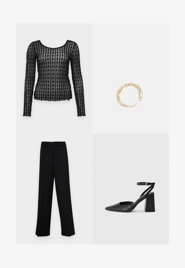 Must mustriga mustriga puuvillasegu ja veniv must top, millel on siksakmuster ning U-kaelus, sobib tihedalt keha ümber.; Musta laiad püksid siledast kangast, millel on klassikaline vöökoht, nööbiga sulgemine ja ees voldid.; Mustmustest must-käigukingad, millel on konksuga nöör ja paks konts. Ühtlane tekstuur, stiilne disain ja minimalistlik esteetika.; Kuldtoonis sõrmus, millel on orgaaniline, keerdunud disain sileda tekstuuri ja kitsenevate otstega, luues kaasaegse skulptuurilise välimuse.