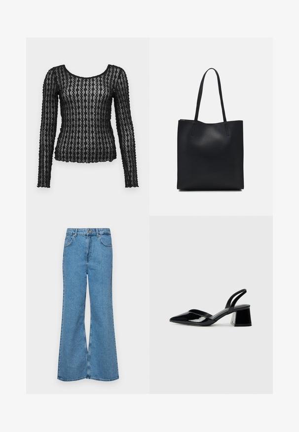 Must mustriga mustriga puuvillasegu ja veniv must top, millel on siksakmuster ning U-kaelus, sobib tihedalt keha ümber.; Heledad sinine flared teksade rõivad, millel on kõrge talje, viis taskut ja üks nupulukk. Pehme tekstuur ja pleekinud viimistlus.; Mustad musta lakknahk kingad, millel on terav varvas ja geomeetriline plokkkonts. Omab elegantselt minimalistlikku disaini ja sujuvat tekstuuri.; Mustast nahast kott sujuva tekstuuriga, ristkülikukujuline ja kahe pika sangaga. Pole nähtavat riistvara ega kaunistusi.