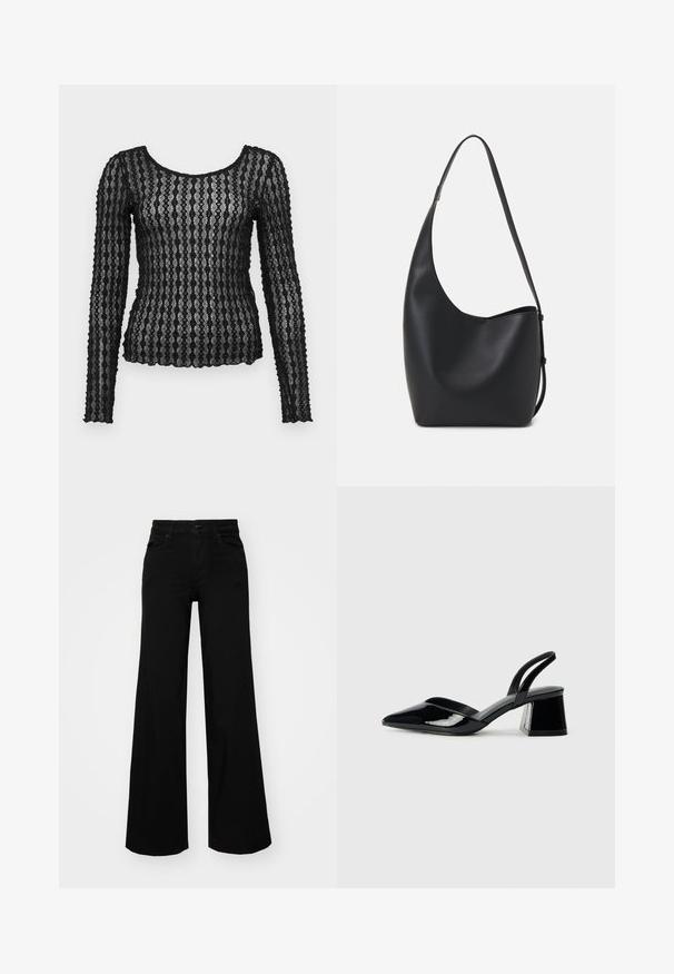 Sort langærmet top lavet af gennemsigtig blonder med tekstureret zigzag-mønster, der har en rund halsudskæring og tætsiddende silhuet.; Sorte bukser med bred benvidde lavet af denim, med en struktureret talje, bæltesløjfer og forlommer. Glat tekstur med et klassisk design.; Sorte patentlæder slingback hæle med spids tå og en geometrisk blok hæl. Har et elegant, minimalistisk design og en glat tekstur.; Sort læder hobo taske med en glat overflade, buet form og en enkelt justerbar rem; har en bred åbning øverst.