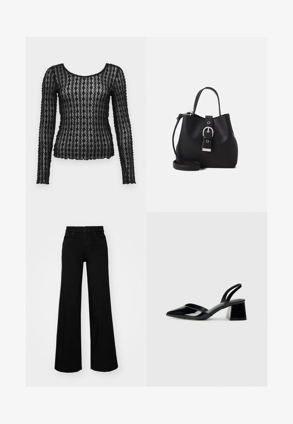 Bluza neagră cu mâneci lungi, din dantelă transparentă, cu un model texturat în zigzag, având un decolteu rotund și o siluetă ajustată.; Pantaloni negri cu picioare largi, din denim, cu un brau structurat, bucle pentru curea și buzunare frontale. Textură netedă, cu un design clasic.; Pantofi cu toc slingback din piele lacuită neagră, cu vârf ascuțit și toc geometric. Prezintă un design elegant, minimalist și o textură netedă.; Geantă de tip bucket neagră, realizată din piele netedă, cu o formă structurată, maner scurt și bretele de umăr detașabilă. Detaliu cu cataramă argintie.