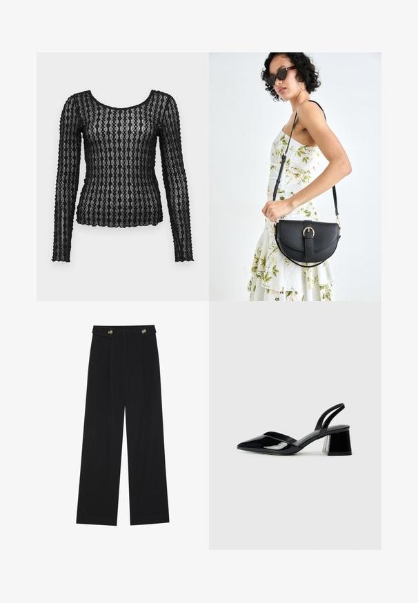 Schwarzes Langarmtop aus transparenter Spitze mit strukturiertem Zickzackmuster, ausgestattet mit einem Rundhalsausschnitt und enganliegender Silhouette.; Schwarze weite Hosen mit hoher Taille, Knopfdetails am Bund und vorderen Falten.; Schwarze Lackleder-Slingback-High Heels mit spitzem Schuh und einem geometrischen Blockabsatz. Verfügt über ein schlankes, minimalistisches Design und eine glatte Textur.; Schwarze Lederhandtasche mit geschwungener Form, abnehmbarem Tragegurt und goldenen Beschlägen. Die Tasche verfügt über einen Deckel mit einer Schnallen-Details.