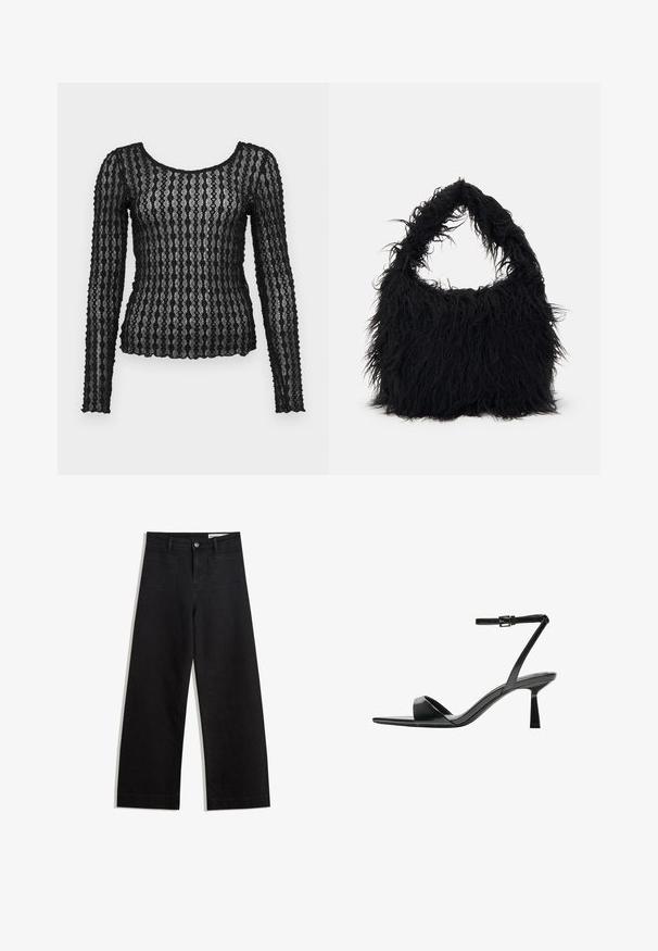 Black long-sleeve top made of sheer lace with textured zigzag pattern, featuring a scoop neckline and fitted silhouette.; Black wide-leg denim pants with a high waist, featuring front and back pockets, stitched seams, and a button closure. Smooth texture.; Bershka High heeled sandals - black; Even&Odd Tote bag - black