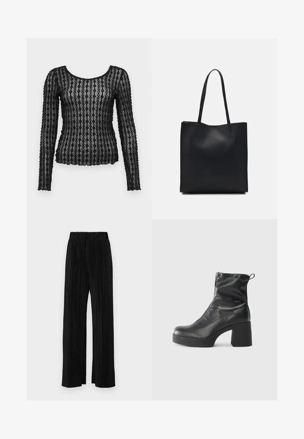 Čierny top s dlhým rukávom vyrobený z priehľadnej čipky s textúrovaným zigzag vzorom, s výstrihom do lode a priliehavým strihom.; Čierne plisované nohavice s elastickým pásom. Majú široké nohavice a hladkú, textúrovanú látku s vertikálnymi pruhmi.; Čierne členkové topánky z hladkej kože, so bočným zipsom, robustnou textúrovanou pätnou časťou a zaobleným dizajnom špičky.; Čierna kožená taška na rameno s hladkým povrchom, obdĺžnikovým tvarom a dvoma dlhými uchami. Bez viditeľného kovania alebo ozdôb.