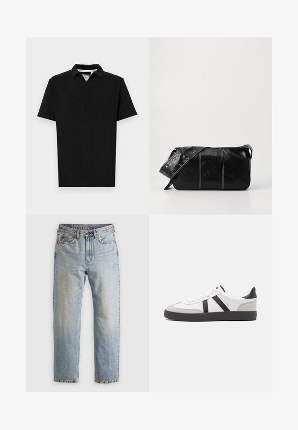 Fekete, rövid ujjú polo ing, texturált mintázattal, hajtókás gallérral és három gombos gombolással. Enyhén elasztikus anyagból készült.; Világoskék farmernadrág magas derékkal, elülső gombbal, cipzárral és öt zsebbel, sima háttérre fektetve.; Fehér sneaker fekete és szürke részletekkel, textúrált szürke orr résszel, fekete gumitalppal és lapos fehér fűzőkkel. Tiszta dizájn, minimalista stílus.; Fekete bőr válltáska, cipzárral zárva, texturált felülettel, fehér varrással és ezüst fémgyűrűs pánttal.