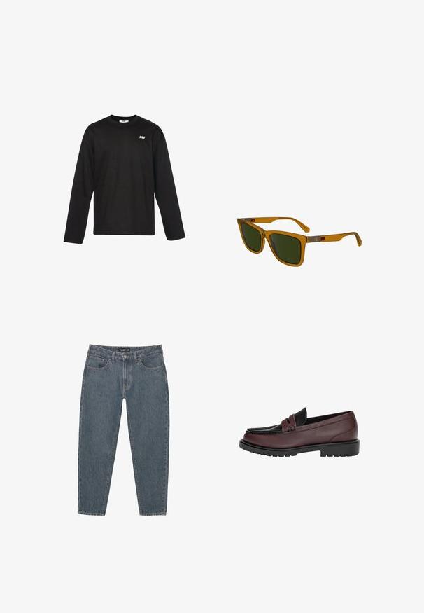 DEF EVERYDAY - Langarmshirt - black; Dunkelblaue Jeans aus Denim mit lockerer Passform, Fünf-Taschen-Design, Knopfverschluss und leicht fransigem Saum. Strapazierfähiges Material mit subtiler Textur.; Bordeaux Leder Slipper mit schwarzem Lederoberteil, detaillierter Naht und strukturiertem Gummisole. Klassisches Design mit niedrigem Absatz.; Braune transparente Sonnenbrille mit grünen Gläsern, rechteckiger Form, leicht winkligen Bügeln und silberfarbenen Metalldetails an den Armen.