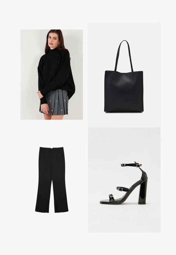 Czarny sweter z dzianiny z wysokim kołnierzem i opuszczonymi ramionami, zestawiony z szarością plisowaną spódnicą z dekoracyjnymi kwiatowymi zdobieniami.; Czarne spodnie o prostym kroju, z przednimi kieszeniami i bocznymi rozcięciami na dole. Wykonane z miękkiego, gładkiego materiału. Odpowiednie na różne okazje.; Czarne lakierowane sandały na obcasie z kwadratowym noskiem, z paskami wokół kostki i srebrnymi klamrami. Posiadają masywny słupek dla stabilności.; Czarna skórzana torba tote o gładkiej fakturze, prostokątnym kształcie i dwóch długich uchwytach. Brak widocznych elementów metalowych i ozdób.
