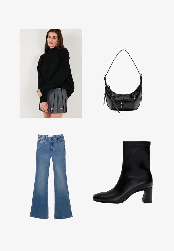 Pulover negru tricotat cu guler înalt și umeri lăsați, asortat cu o fustă plisată gri cu elemente decorative florale.; Blugi de denim albastri, cu fundă evazată, cu buzunare pe față și pe spate, cu turele pentru curea și închidere cu buton, așezați pe un fundal alb.; Cizmă neagră până la gleznă, fabricată din piele netedă. Prezintă un vârf pătrat, partea de sus elastică și un toc masiv pentru stabilitate. Design minimalist.; Geantă de umăr din piele neagră cu o formă curbată, având accesorii din metal argintiu și detalii de cusătură. Curea ajustabilă pentru versatilitate.