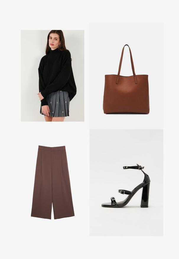 Schwarzer Strickpullover mit hohem Kragen und überschnittenen Schultern, kombiniert mit einem grauen plissierten Rock mit dekorativen floralen Verzierungen.; Braune Weite-Leg-Hosen mit einer glatten Textur, hoher Taille und Vorderfalten. Der Stoff ist leicht und fällt locker.; Schwarze patentierte Sandalen mit Absatz, quadratischer Spitze, Knöchelriemen und silbernen Schnallen. Mit einem stabilen Blockabsatz für mehr Stabilität.; Braune Leder-Tote mit glatter Textur, offenem Oberteil und zwei Schulterriemen. Verfügt über minimale Nähte und keine sichtbaren Beschläge.