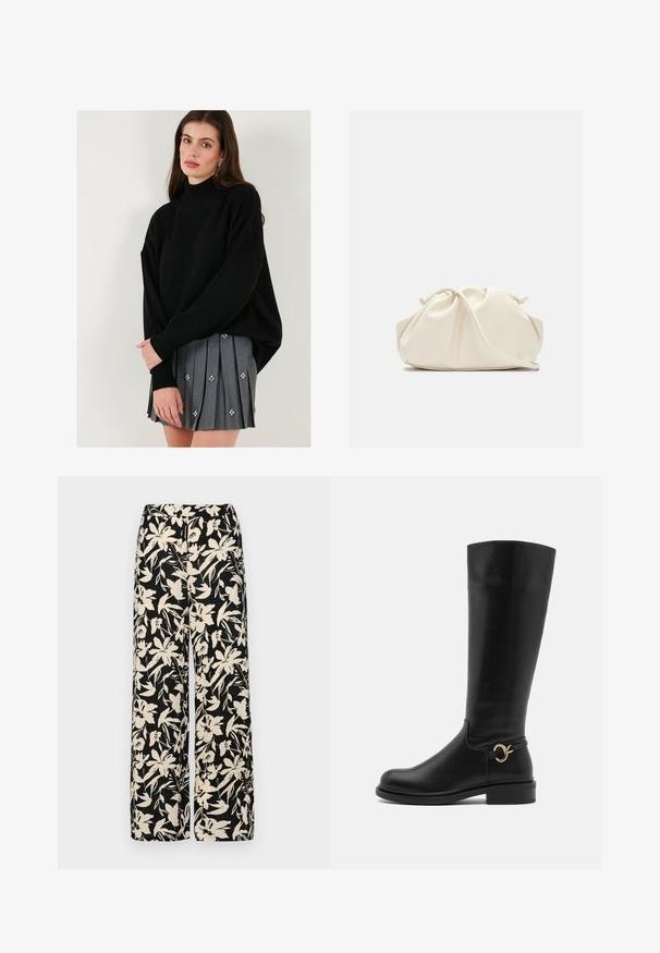 Čierny pletený sveter s vysokým golierom a spustenými ramenami, skombinovaný so šedou plisovanou sukňou s dekoratívnymi kvetinovými ozdobami.; Čierne nohavice s širokými nohavicami a krémovým kvetinovým vzorom. Vyrobené z ľahkej látky, s hladkou textúrou a vysokým pásom.; Anna Field Wide Fit Čižmy - black; Krémová, mäkká taška z umelého kože s nariaseným dizajnom, nastaviteľným popruhom a jemným šnurovaním. Hladký povrch a zaoblený tvar.