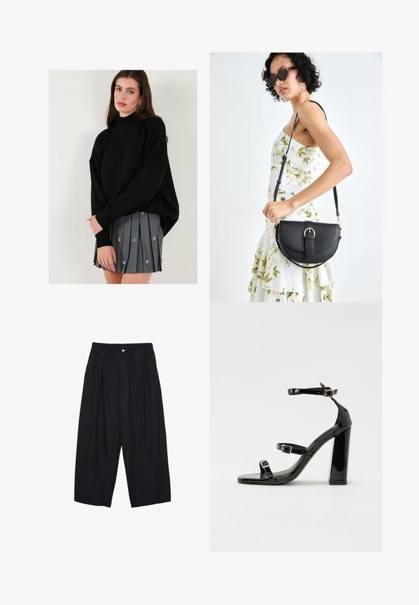 Schwarzer Strickpullover mit hohem Kragen und überschnittenen Schultern, kombiniert mit einem grauen plissierten Rock mit dekorativen floralen Verzierungen.; Schwarze Polyester-Culotte mit einem elastischen Bund, zwei vorderen Falten und einer lockeren Silhouette. Keine sichtbaren Muster oder Hardware-Details.; Schwarze patentierte Sandalen mit Absatz, quadratischer Spitze, Knöchelriemen und silbernen Schnallen. Mit einem stabilen Blockabsatz für mehr Stabilität.; Schwarze Lederhandtasche mit geschwungener Form, abnehmbarem Tragegurt und goldenen Beschlägen. Die Tasche verfügt über einen Deckel mit einer Schnallen-Details.
