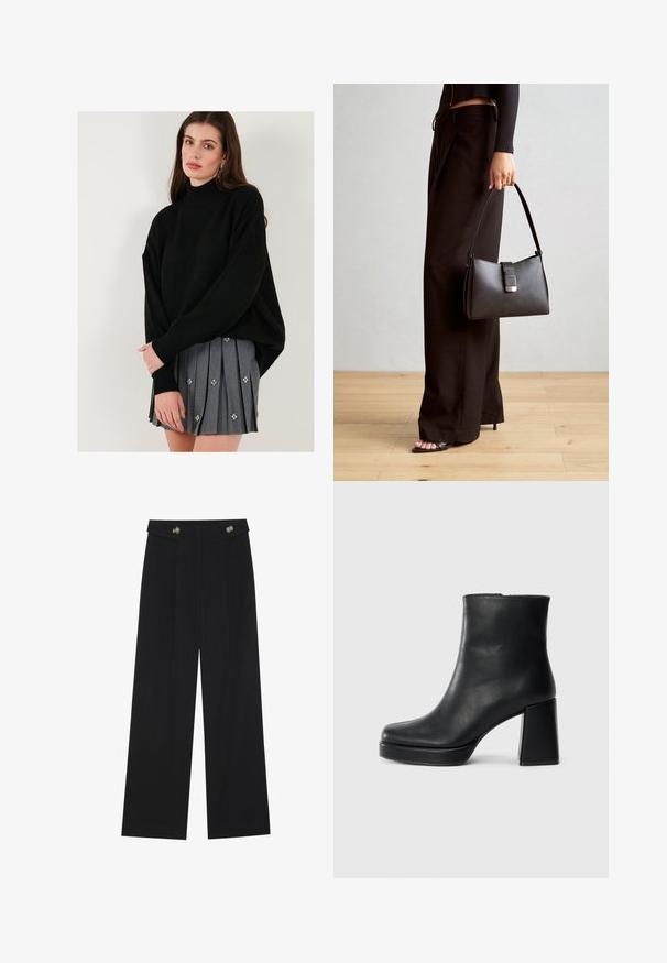 Fekete kötött pulóver magas nyakkal és leengedett vállakkal, szürke pliszírozott szoknyával párosítva, amelyen díszes virágos díszítések találhatók.; Fekete, bő szárú nadrág magas derékkal, gombos részletekkel a derékrészen és elülső pliszékkal.; Fekete bőr bokacsizma tömbsarkal és platform talppal, oldalról nézve, sima fehér háttéren.; Fekete kézi táska strukturált formával, sima textúrával és fémből készült záródással. Széles fekete nadrággal és nyitott orrú szandállal párosítva, fából készült padlón.