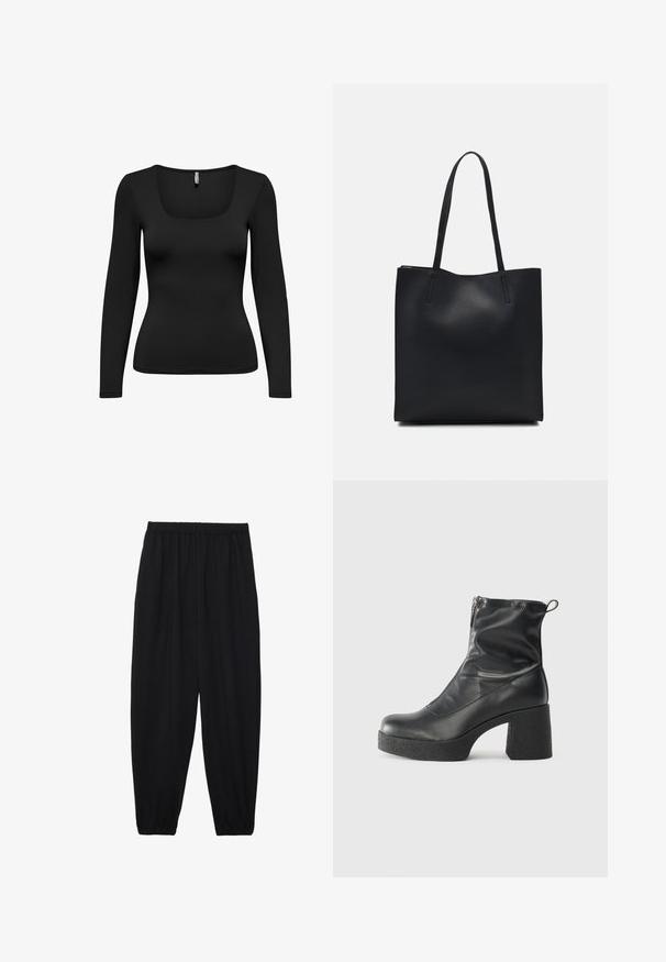 Melns garām piedurknēm tops ar kvadrātveida izgriezumu. Izgatavots no gludas, elastīgas auduma. Piestiprināts dizains, kas sašaurinās jostasvietā. Bezdziļi pleci.; Melnas, vieglas bikses ar elastīgu jostu un savilktiem potītiem. Audums ir gluds un to raksturo brīva, sašaurināta forma.; Melni potītes zābaki, kas izgatavoti no gludas ādas, ar sānu rāvējslēdzēju, masīvu strukturētu papēdi un noapaļotu purngalu.; Melnas ādas somiņa ar gludu tekstūru, taisnstūra formu un divām garām rokturiem. Nav redzamu aparatūras vai rotājumu.