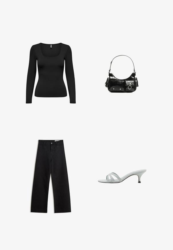 Black long-sleeve top with a square neckline. Made of smooth, stretchy fabric. Fitted design tapering at the waist. Seamless shoulders.; Black wide-leg denim pants with a high waist, featuring front and back pockets, stitched seams, and a button closure. Smooth texture.; Light gray heeled sandals with three crisscross straps, a slim profile, and a tapered heel. Smooth texture with a slightly shiny finish.; Black patent leather handbag with a curved shape, one shoulder strap, front pockets, and silver-tone hardware accents.
