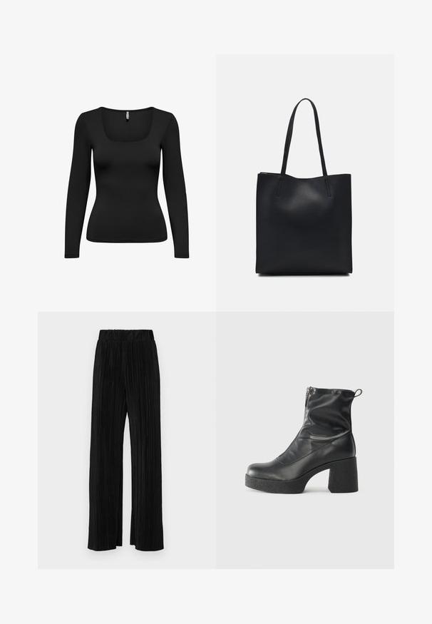 Must musta-särg, millel on ruudukujuline kaelus. Valmistatud siledast, venivast kangast. Kehasse liibuv disain, mis kitseneb taljes. Õmblusteta õlavarred.; Mustad pleekitud püksid elastse vöökohtaga. Omavad laiad jalad ja sujuvat, tekstureeritud kangast vertikaalsete triipudega.; Mustad mustad ansapüksid, mis on valmistatud siledast nahast, külje zipperiga, paksu tekstuuriga kontsaga ja ümmarguse nina disainiga.; Mustast nahast kott sujuva tekstuuriga, ristkülikukujuline ja kahe pika sangaga. Pole nähtavat riistvara ega kaunistusi.