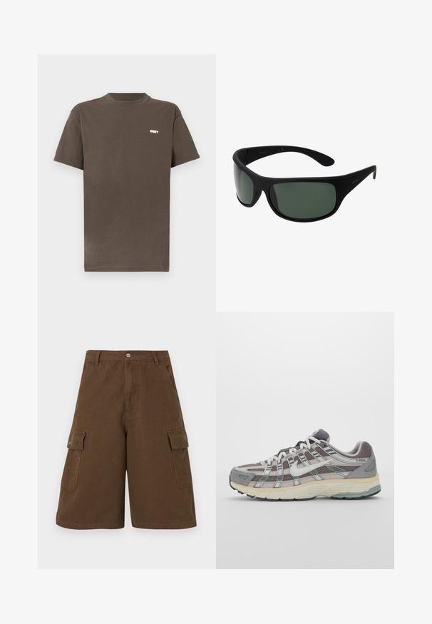 Ruskea puuvillapaita, jossa on pyöreä kaula-aukko ja lyhyet hihat. Paidassa on pieni valkoinen "OBEY"-logo vasemmassa ylärintapielessä.; Ruskeat cargo-shortsit, joissa on suora leikkaus, kaksi sivutaskua ja etunappi. Valmistettu kestävästä puuvillakankaasta, jossa on matta pinta.; Harmaa urheilukenkä, jossa on verkko- ja mokkanahkainen yläosa, valkoiset yksityiskohdat, pehmustettu pohja ja erottuva muotoilu heijastavilla elementeillä.; Mustat wraparound aurinkolasit tummanvihreillä linsseillä. Matte-pinta, kaareva muotoilu, suorat sivupäät ja hillitty brändäys sivussa.