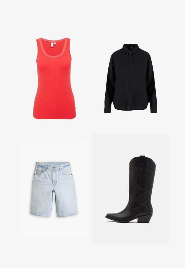 Rode katoenen tanktop met een geribbelde textuur, voorzien van een geschulpte kanten halslijn en een getailleerde pasvorm. Maatlabel zichtbaar.; Zwarte lange mouwen blouse met knopen, gemaakt van katoen, met een klassieke kraag, voorknoopsluiting en een ontspannen pasvorm met een gebogen zoom.; Lichtblauwe denimshorts met een rechte pasvorm, voorzien van vijf zakken, riemlussen en een knoopsluiting. Zachte textuur met vervaagde gebieden.; Zwarte leren cowboylaars met spitse neus, lage gestapelde hak en een ingewikkeld geïmbossieerd bladerenpatroon op de schacht. Lus aan de bovenkant voor eenvoudig aantrekken.