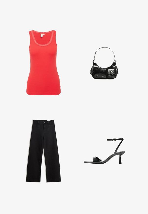 Rode katoenen tanktop met een geribbelde textuur, voorzien van een geschulpte kanten halslijn en een getailleerde pasvorm. Maatlabel zichtbaar.; Zwarte denim broek met wijde pijpen en een hoge taille, voorzien van voor- en achterzakken, gestikte naden en een knoopsluiting. Gladde textuur.; Bershka Sandalen met hoge hak - black; Zwarte laarzen in lakleer met een gebogen vorm, één schouderband, voorvakken en accenten in zilverkleurig metaal.
