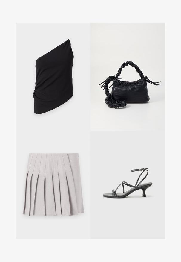 Black one-shoulder top made of soft fabric, featuring draped detail on the side and a smooth texture with an asymmetrical silhouette.; Gray pleated skirt with a smooth texture, featuring multiple vertical folds and a fitted waistline. Made from lightweight fabric.; Black heeled sandals with thin straps, open toe design, and a small, flared heel. The material appears smooth and glossy.; Black faux leather handbag with a crocodile texture, cinched top, and a scrunched strap. Appears soft and compact in design.