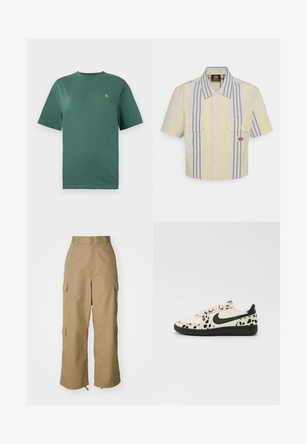 Teal bomulds t-shirt med korte ærmer, rund hals og et lille gult logo på venstre bryst. Glat tekstur og afslappet pasform.; Kraftig kortærmet skjorte i lysegul med lodrette grønne og pastelfarvede striber. Har to brystlommer og et logo-patch på venstre lomme.; Beige cargo bukser med høj talje, brede ben og fire store sidelommer. Fremstillet af slidstærkt stof med en glat tekstur og minimal detaljering.; Hvide sneakers med sort plettet mønster, sort Nike Swoosh, flade snørebånd og sort gummisål. Klassisk low-top design.