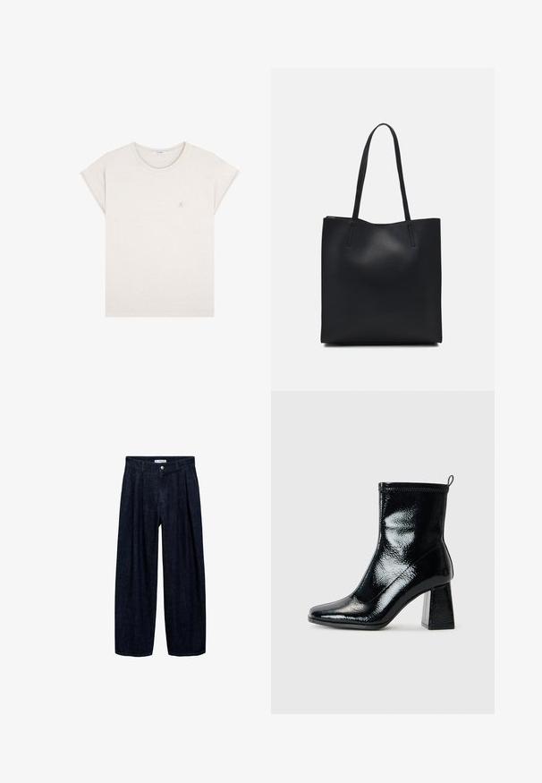 Tricou din bumbac crem, cu mâneci scurte rulate, guler rotund și un mic logo brodat pe piept. Textură moale și netedă, cu o croială lejeră.; Pantaloni largi din denim închis, cu pliseuri la talie, având un button frontal și pasaje pentru curea. Textură netedă și design pe întreaga lungime.; Botine negre din patent, cu vârf pătrat și toc geometric masiv. Prezintă o textură netedă și lucioasă și o bandă de prindere la spate pentru a fi ușor de purtat.; Geantă tote neagră din piele, cu textură netedă, formă rectangulară și două mânere lungi. Fără hardware vizibil sau ornamente.