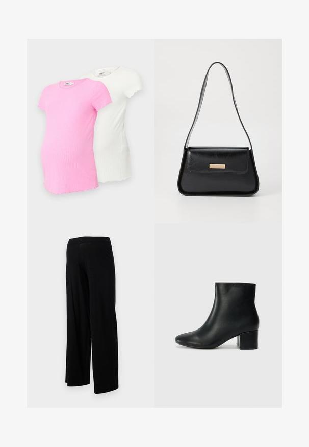 Two maternity t-shirts in pink and white, both ribbed fabric, short sleeves, with scalloped edges and a round neckline.; Black wide-leg pants with an elastic waistband and a smooth, stretchy texture. Features a simple design, no patterns or embellishments.; Black leather ankle boots with a pointed toe and a chunky heel. Smooth texture with minimal accents and a sleek, fitted design.; Black leather handbag with a structured triangular shape, slim strap, and gold-tone hardware featuring a logo plaque on the front flap.