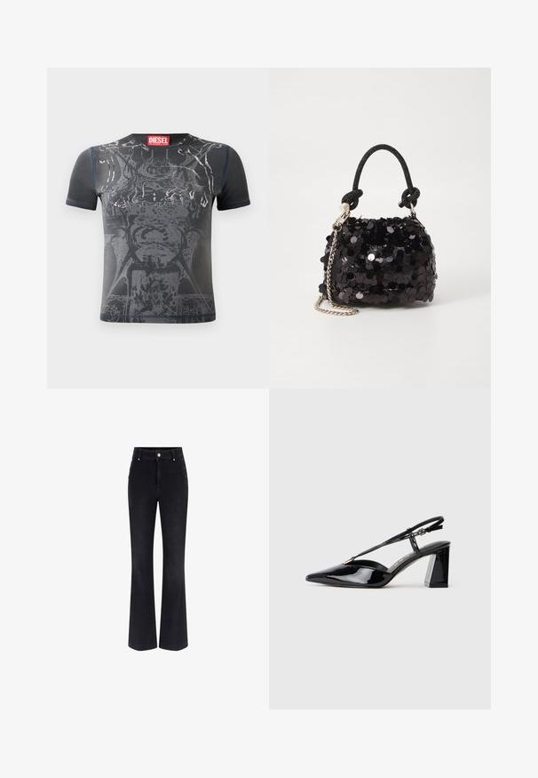 Juodas trumpomis rankovėmis marškinėliai su grafiniu spaudiniu ir sidabriniais akcentais, turintys tekstūruotą apdailą. Apskrito kaklo ir siuvinėjimo detalės.; Juodos džinsinės plačios kelnės, turinčios aukštą liemens aukštį, penkių kišenių dizainą ir metalinius mygtukus šonuose. Lygus paviršius ir klasikinis sijonas.; Juodos lakinės odos aukštakulnės basutės su smailiu pirštu, reguliuojama juosta ir storu stačiakampiu kulnu.; Juodas blizgučių mini rankinukas su mazguotu tekstūruotu dirželiu ir sidabro grandine. Suapvalinta forma su susiraukšlėtopu ir atspindinčiomis detalėmis.