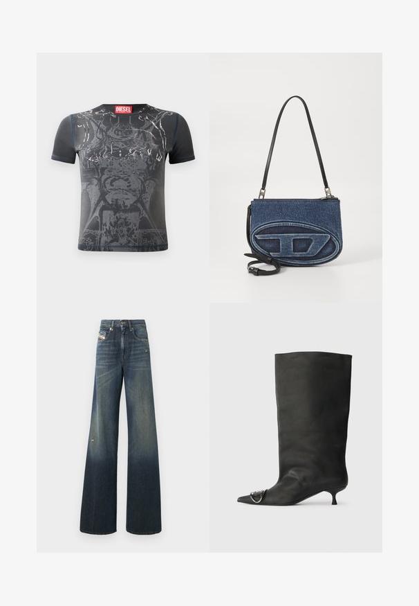 Camiseta negra de manga corta con un estampado gráfico con acentos plateados y un acabado texturizado. Cuenta con un cuello redondo y detalles cosidos.; Vaqueros de pierna ancha en azul oscuro con acabado desteñido, que presentan una rodilla desgastada y un diseño clásico de cinco bolsillos con una etiqueta.; Bota de cuero negra hasta el tobillo con punta afilada, tacón pequeño y detalle metálico en la punta. Textura suave y mate en toda la superficie.; Bolso crossbody de denim con una correa de cuero negro, diseño de logo ovalado en la parte delantera y cierre de cremallera en la parte superior. Acabado texturizado.