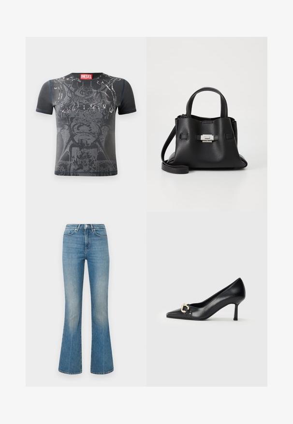 Juodas trumpomis rankovėmis marškinėliai su grafiniu spaudiniu ir sidabriniais akcentais, turintys tekstūruotą apdailą. Apskrito kaklo ir siuvinėjimo detalės.; Šviesiai mėlynos desertinės džinsinės kelnės. Turi juostą su mygtuku ir išblukusį skalbimą, siaurėja iki plačios apatinės dalies ties kulkšnimis.; Juodai odiniai aukšti kulniukai su smailiu pirštu ir 7 cm kulnu. Išskirtinis auksinis širdelės formos aksesuaras šone. Bendra lygi tekstūra.; Juodas odinis rankinės su tekstūruota apdaila, turintis dvi viršutinės rankenos, nuimamą peties diržą ir sidabrinį užsegimą.