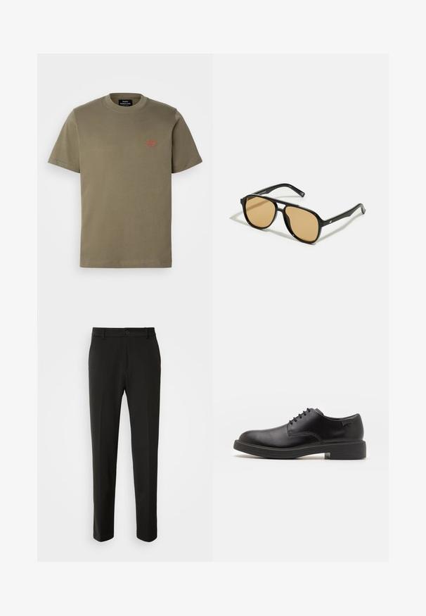 Alyvuogių žalios medvilnės marškinėliai su apvaliu kaklu, trumpomis rankovėmis ir mažai raudona siuvinėta logo kairėje krūtinės pusėje.; Juodi kelnes, pagamintos iš lygaus audinio, su tiesiomis kojomis, mygtuko uždarymu ir klasikiniu dizainu, tinkamu tiek formaliai, tiek kasdienei aprangai.; Juodas odinis batų modelis su raišteliais, apvaliu nosiu, lygiu paviršiumi, minimaliai siuvinėjimu ir žemu guminėmis pakulne. Ant pakulnės šalia logo.; Juodi saulės akiniai su rudais lęšiais; stačiakampio formos, su storu rėmu, įskaitant subtilias detales ant šventyklų.