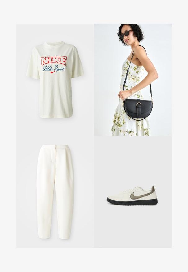Biele bavlnené tričko s červeným a modrým logom "NIKE", s textom "Just Do It" nad ním a "Athletic Depart." pod ním, krátke rukávy, okrúhly výstrih.; Biele nohavice s vysokým pásom a zužujúcim sa strihom, s skrytým predným zapínaním a bočnými vreckami, vystavené na jednofarebnom bielom pozadí.; Nike Sportswear FIELD GENERAL - Tenisky - off-white/black; Čierna kožená kabelka s zaobleným tvarom, odnímateľným popruhom a zlatými doplnkami. Kabelka má klopu s detailom s prackou.