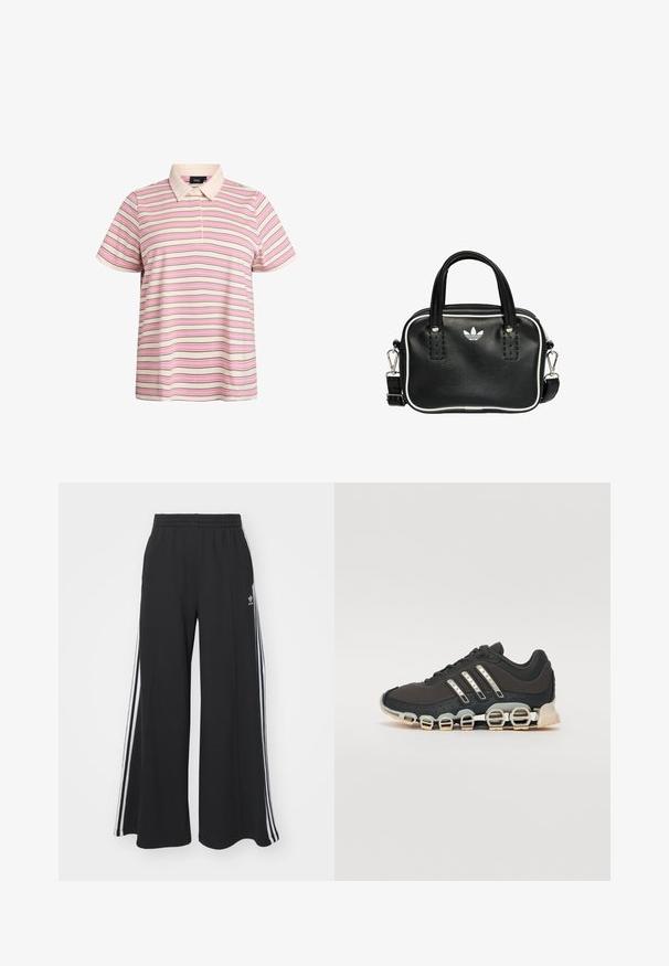 Raidoitettu polo paita vaaleassa, vaaleanpunaisessa ja ruskeassa. Lyhyet hihat, klassinen kaulus, kahden napin lista. Sileä, kevyt kangas.; Mustat löysät verkkarit, joissa on joustava vyötärö, valkoiset sivuraidat ja brodeerattu logo vasemmassa reidessä.; Musta urheilujalkine, jossa on teksturoitu päällinen, kolme hopeista raitaa ja erottuva vaimennustuli, jonka rakenne koostuu useista integroituista osista.; Musta nahkainen käsilaukku, jossa on kaksi lyhyttä kahvaa, hopeiset yksityiskohdat, valkoiset tehosteet ja valkoinen logo. Sisältää teksturoidun pinnan ja kompaktin muotoilun.