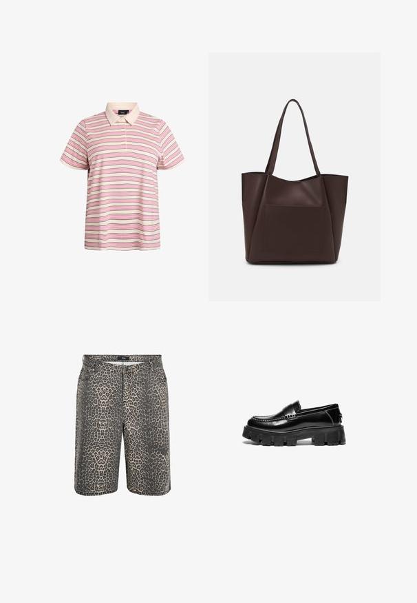 Stribet polo t-shirt i cream, pink og brun. Korte ærmer, klassisk krave, to-knaps lukning. Glat, letvægtigt stof.; Zizzi Denimshorts - leopard; Sorte læder loafers med kraftig gummisål, dekorativ strop over vristen og kontrasterende hvid syning. Glat tekstur med rund tå.; Brun tote taske lavet af glat materiale, med en stor frontlomme, to håndtag og et forenklet, struktureret design.