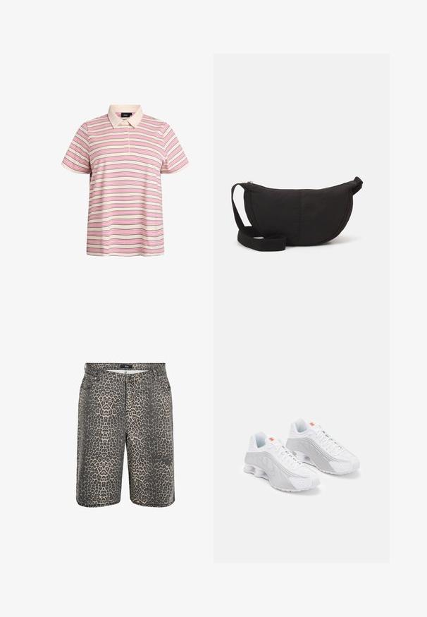 Dryžuota polo marškinėlių palaidinė kreminės, rožinės ir rudos spalvų. Trumpomis rankovėmis, klasikinio apykaklės tipo, su dviem mygtukais. Lygi, lengva medžiaga.; Zizzi Džinsiniai šortai - leopard; Balti bėgimo batai su pilkais akcentais, turintys tekstūruotą viršų, perforacijas vėdinimui ir segmentuotą kulną amortizacijai.; Juodos pečių rankinės su suapvalinta siluetu. Pagaminta iš tekstūruoto audinio, turi užtrauktuką ir nertą diržą. Paprastas, minimalistinis dizainas.