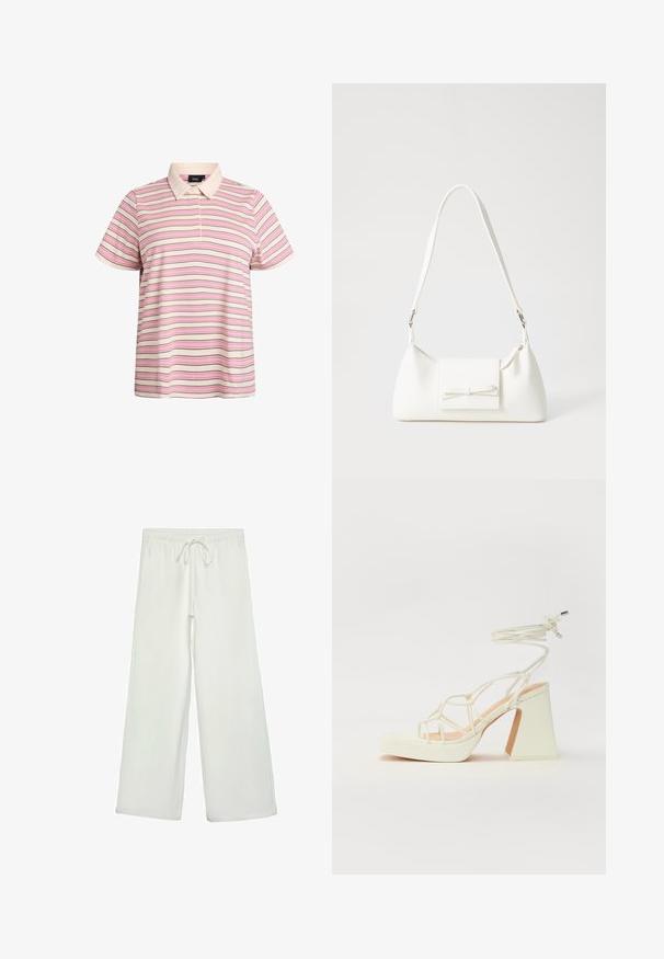 Polo majica s prugama u krem, ružičastoj i smeđoj boji. Kratki rukavi, klasični ovratnik, dvokbuttona kopčanje. Glatka, lagana tkanina.; Bijele hlače širokog kroja od mekog materijala. Imaju elastični pojas s vezicom i glatku teksturu. Nema vidljivih uzoraka ili metalnih dijelova.; Bijela sandala na visokoj potpetici s debelim petom, s remenom i vezanjem oko gležnja. Glatka tekstura s platformom sprijeda za dodatnu visinu.; Bijela sintetička torbica s trokutastim oblikom, ravnim prednjim poklopcem i detaljem u obliku mašne, podesivom remenom, glatkom teksturom i minimalističkim dizajnom.