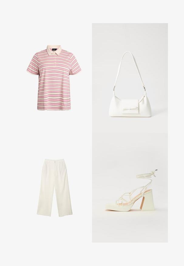 Stribet polo t-shirt i cream, pink og brun. Korte ærmer, klassisk krave, to-knaps lukning. Glat, letvægtigt stof.; Bredde bukser i cremefarvet stof med en glat tekstur, der har en enkelt knap foran, diskrete folder og design med høj talje.; Hvide højhælede sandaler med en kraftig hæl, der har et stropdesign og ankelbinding. Glat tekstur med en platform foran for ekstra højde.; Hvid syntetisk håndtaske med en trekantet form, flad forsideklap og sløjfedetalje, justerbar strop, glat tekstur og minimalistisk design.