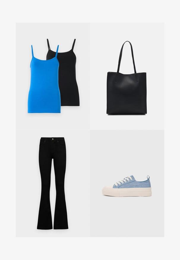 Kokvilnas topi bez piedurknēm zilā un melnā krāsā. Abiem ir platas lences un pieguļoša piegriezuma dizains. Zilajam topam ir gluda tekstūra, savukārt melnais tops ir viendabīgs.; Melni augsta jostas šorti ar pogu un rāvējslēdzēju, priekšējām kabatām un izplestām kājām, nolikti uz balta fona.; Gaiši zili kanvas sneakeri ar krēmkrāsas gumijas pirksta aizsargu un ārējo zoli, aprīkoti ar baltām šņorēm un cilpu uz papēža.; Melnas ādas somiņa ar gludu tekstūru, taisnstūra formu un divām garām rokturiem. Nav redzamu aparatūras vai rotājumu.