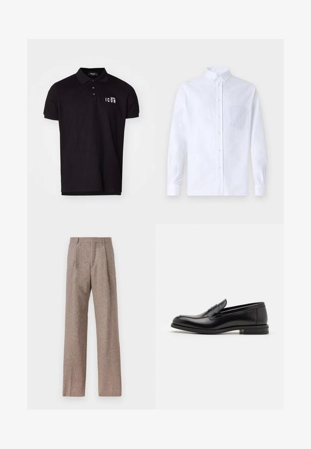 Zwarte poloshirt van katoenmix met een klassieke kraag, drie knopen en de tekst "ICON" in het wit op de linkerkant van de borst. Soepele textuur, korte mouwen.; Witte lange mouwen overhemd van katoen, met een borstzak met tonale borduring, een kraag en knopenmanchetten.; Bruine, hooggewaisted broeken van een gestructureerde stof. Heeft wijde benen en twee voorplooien voor extra structuur. Net afgewerkt zonder zichtbare hardware.; Zwarte leren instappers met een gladde textuur, ronde neus en een decoratieve band over de wreef. Lage, gestapelde hak en minimalistisch ontwerp.