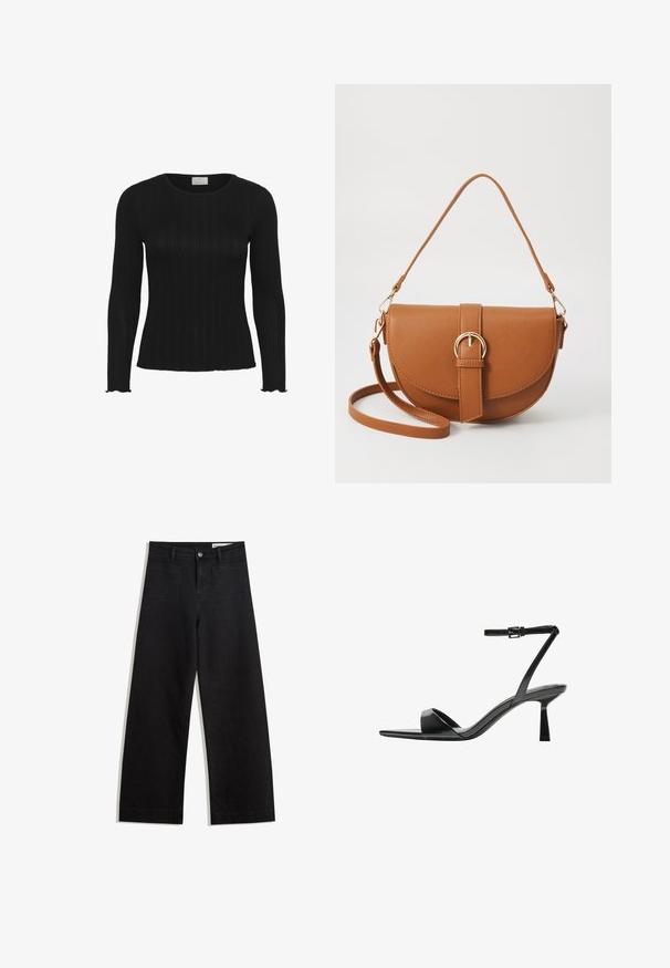 Black ribbed long-sleeve top with a round neckline and scalloped hem edges, made of a stretchy material for fitted wear.; Black wide-leg denim pants with a high waist, featuring front and back pockets, stitched seams, and a button closure. Smooth texture.; Bershka High heeled sandals - black; Brown leather crossbody bag with a curved shape, gold hardware, and a buckle accent. Features a detachable shoulder strap.