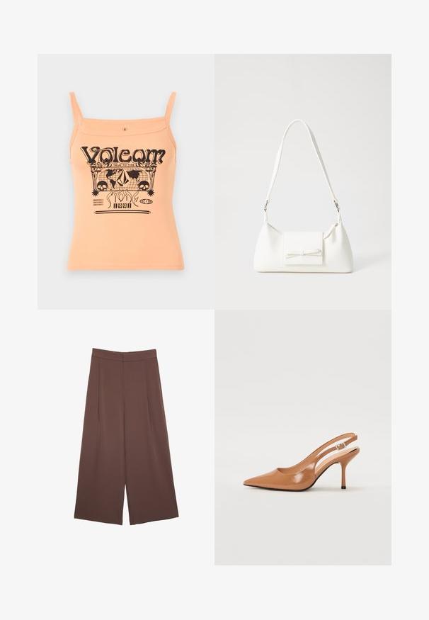 Top in pesco con spalline sottili, caratterizzato da una stampa grafica nera del marchio "Volcom" e vari design che includono teschi e forme.; Pantaloni ampi marroni con una texture liscia, caratterizzati da una vita alta e pieghe frontali. Il tessuto è leggero e scorre liberamente.; Tacco slingback a punta affusolata in un materiale tan liscio e lucido. Presenta un design con ritaglio curvo e un sottile tacco a stiletto. Dettaglio con fibbia argentata.; Borsa sintetica bianca a forma triangolare, con patta anteriore piatta e dettaglio a fiocco, tracolla regolabile, texture liscia e design minimalista.