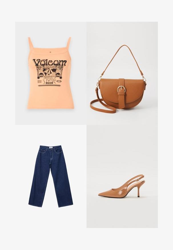 Débardeur pêche à fines bretelles avec imprimé graphique noir de la marque "Volcom" et divers motifs incluant des crânes et des formes.; Jean en denim bleu foncé à jambes larges avec une fermeture à bouton, cinq poches et des coutures blanches contrastées. Le tissu a une finition lisse et légèrement texturée.; Escarpin à talon slingback à bout pointu en matériau beige lisse et brillant. Présente un design de découpes courbées et un talon aiguille fin. Détail de boucle en argent.; Sac bandoulière en cuir marron avec une forme incurvée, quincaillerie dorée et un accent en boucle. Comprend une bandoulière détachable.