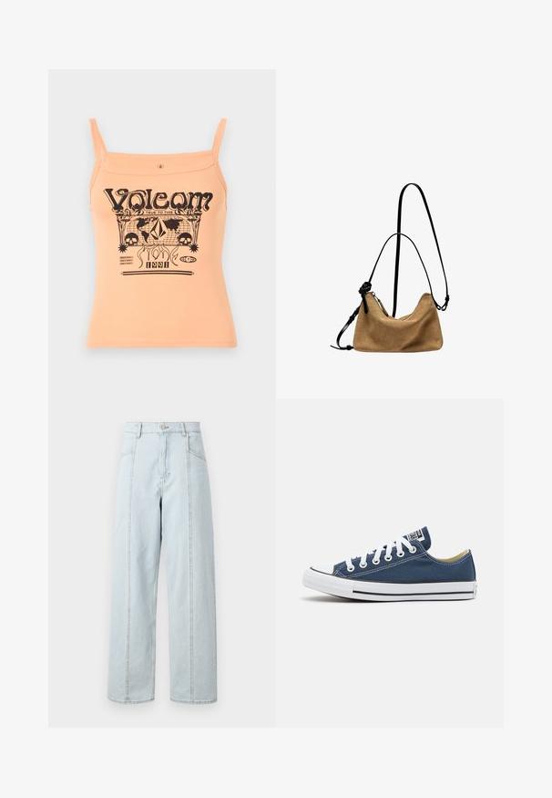 Débardeur pêche à fines bretelles avec imprimé graphique noir de la marque "Volcom" et divers motifs incluant des crânes et des formes.; Jean en denim bleu clair à jambes larges avec une taille haute, comportant deux poches avant, des coutures droites et des détails de couture visibles.; Baskets en toile bleu marine avec des œillets et des lacets blancs, présentant un capot en caoutchouc blanc et une bande noire le long de la semelle.; Sac à main en daim de couleur marron clair, à la forme arrondie, avec une bandoulière noire ajustable, des détails de zip contrastants et une texture douce.; Montre rectangulaire dorée avec bracelet en métal, cadran blanc, chiffres romains et affichage de la date à six heures. Nom de la marque "FOSSIL" visible.; Rosefield FLAT SNAKE - Bracelet - gold-coloured