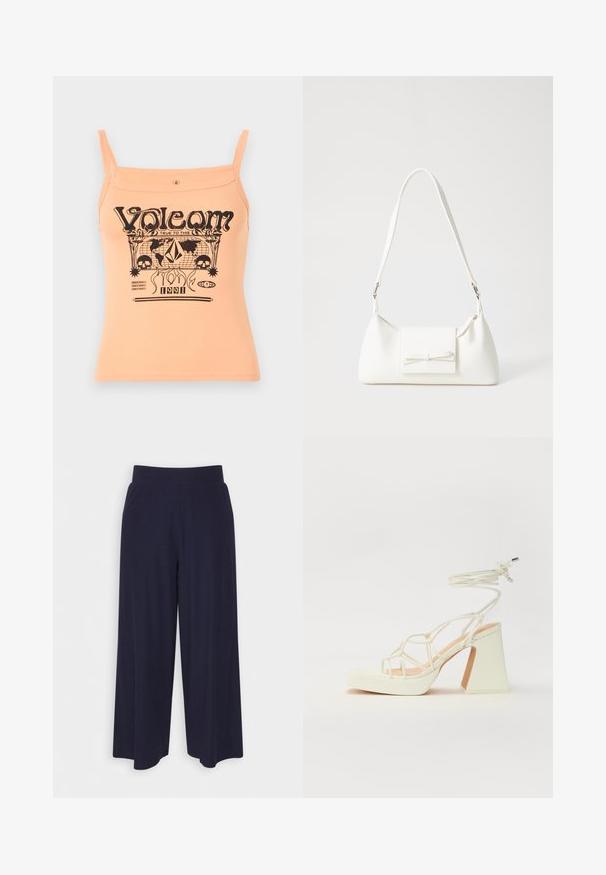 Perzikkleurig tanktop met dunne bandjes, versierd met een zwart grafisch print van het merk "Volcom" en verschillende ontwerpen, waaronder schedels en vormen.; Wijd-uitlopende broek in donkerblauwe stof met een geribbeld patroon. Heeft een gladde tailleband en een vloeiende silhouet, die tot halverwege de kuiten reikt.; Witte hoge hakken sandaal met een chunky hak, met een bandjesontwerp en enkelband. Gladde textuur met een plateau voor extra hoogte.; Witte synthetische handtas met een driehoekige vorm, platte voorklep en strikdetail, verstelbare schouderriem, gladde textuur en minimalistisch ontwerp.