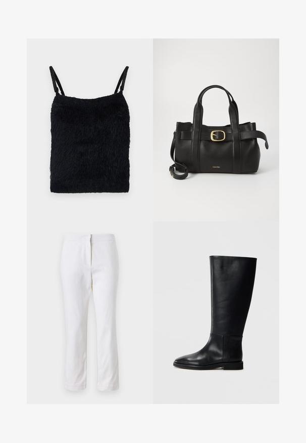 Musta pörröinen kangas toppi ohuiden hihnojen kanssa. Rakeinen pinta, neliön muoto ja kevyt rakenne. Yksinkertainen, monochrominen väriteema.; Valkoiset puuvillahousut suoralla lahkeella, joissa on keskikorkea vyötärö ja ei näkyviä varusteita tai kuvioita. Ehjä pinta kauttaaltaan.; Mustat nahkaiset polvipituiset saappaat, joissa on pyöreä kärki, sileä pinta, minimalistinen muotoilu ja tasapohja. Yksinkertaiset sauman yksityiskohdat varressa.; Musta nahkakäsilaukku, jossa on struktuurinen muotoilu, kaksoiskahvat, kultasävyinen solkiaksentti ja kohokuvioitu brändilogo edessä.